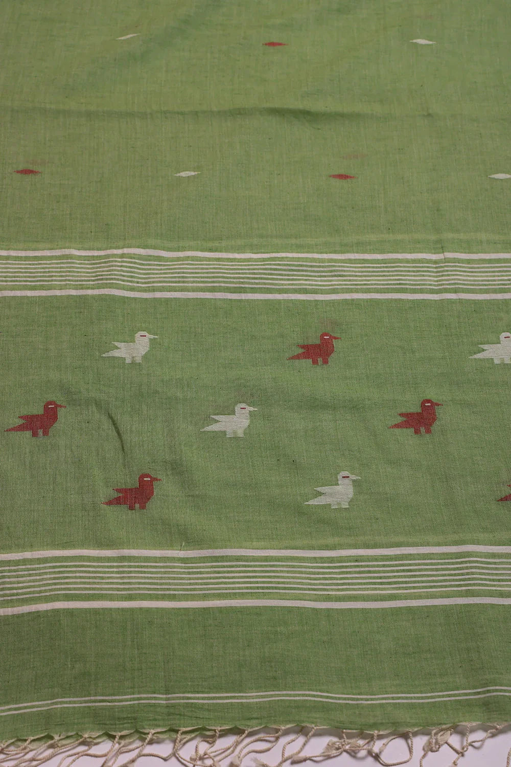 Ivory & Sage Green Bird Motif Jamdani Suit Set with Dupatta | SHOBITAM