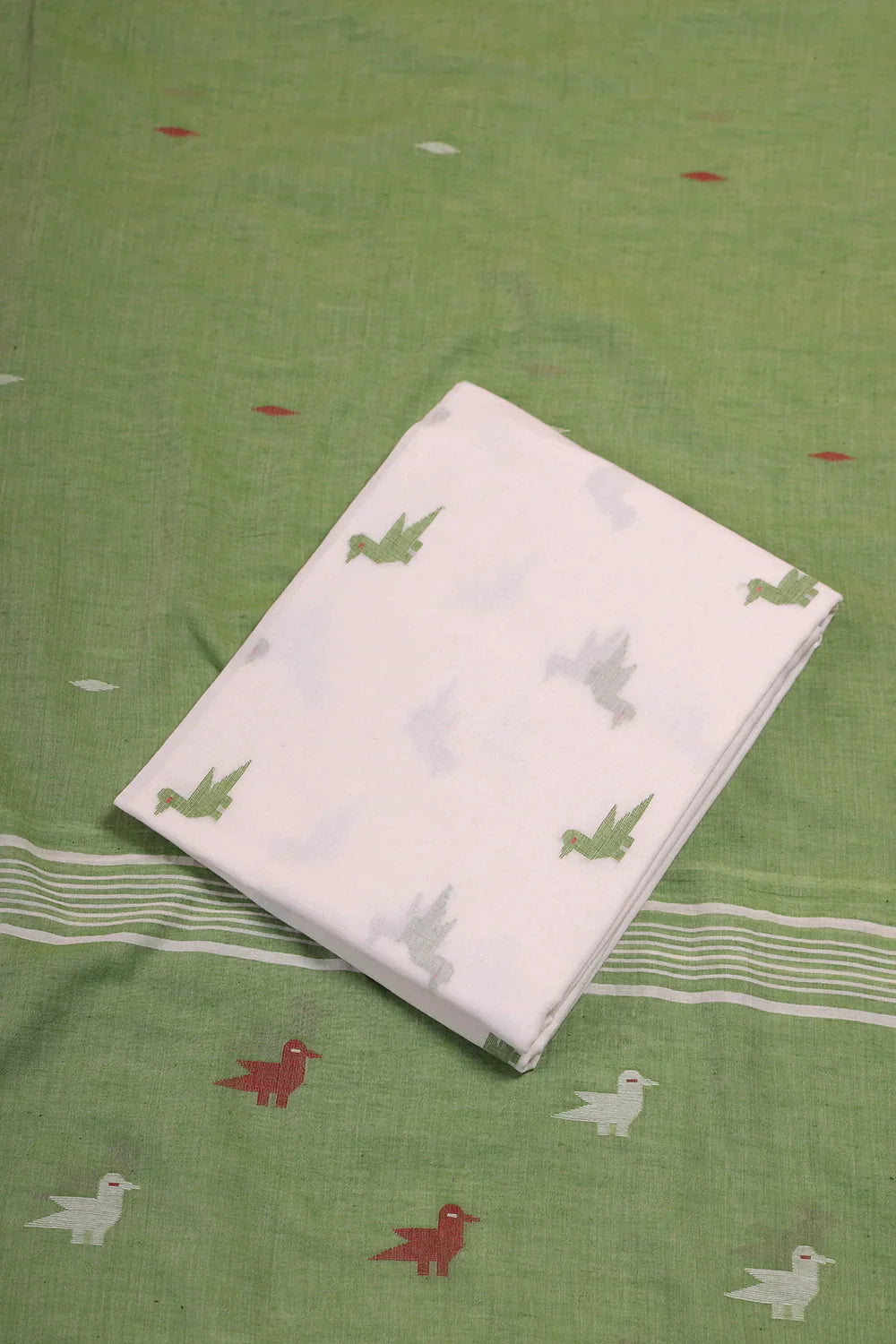 Ivory & Sage Green Bird Motif Jamdani Suit Set with Dupatta | SHOBITAM