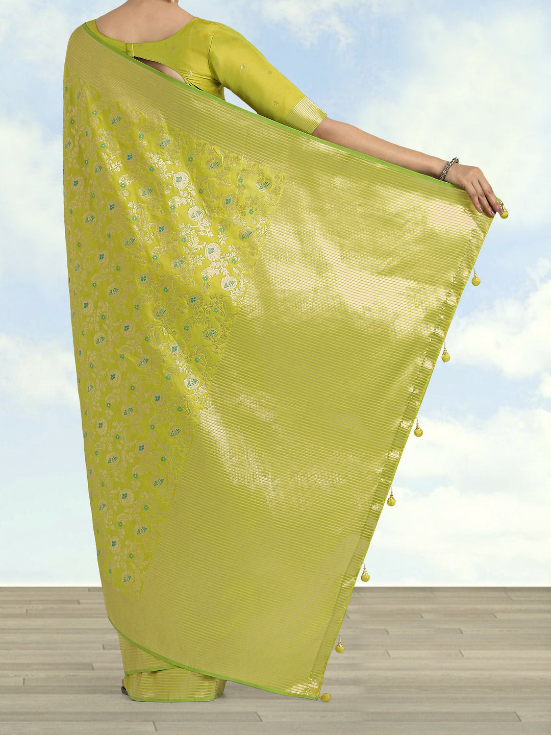 Banarasi Silk Parrot Green Jaal Pattern Saree | SHOBITAM