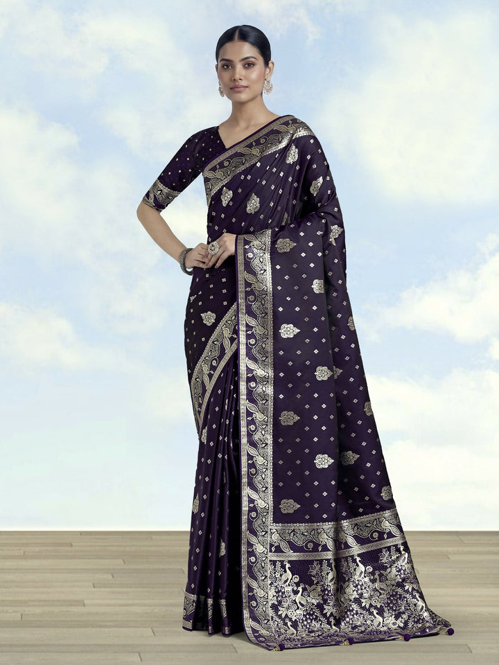 Purple Woven Banarasi Satin Silk Saree | SHOBITAM