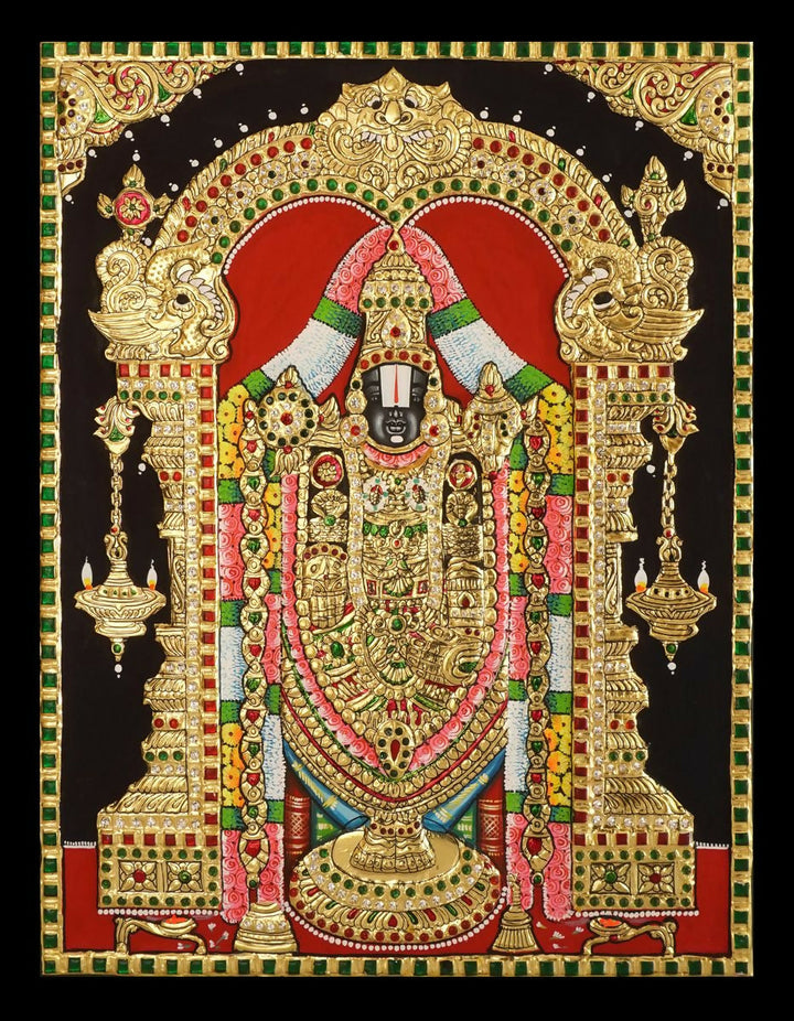 16*20 Authentic TANJORE PAINTING BALAJI With 22 Ct gold Foil and Jaipur Gemstones,Unframed | SHOBITAM