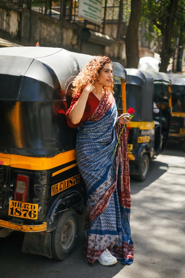 Bombay ki Baarish Dabu Block Printed Indigo Cotton Saree | SHOBITAM