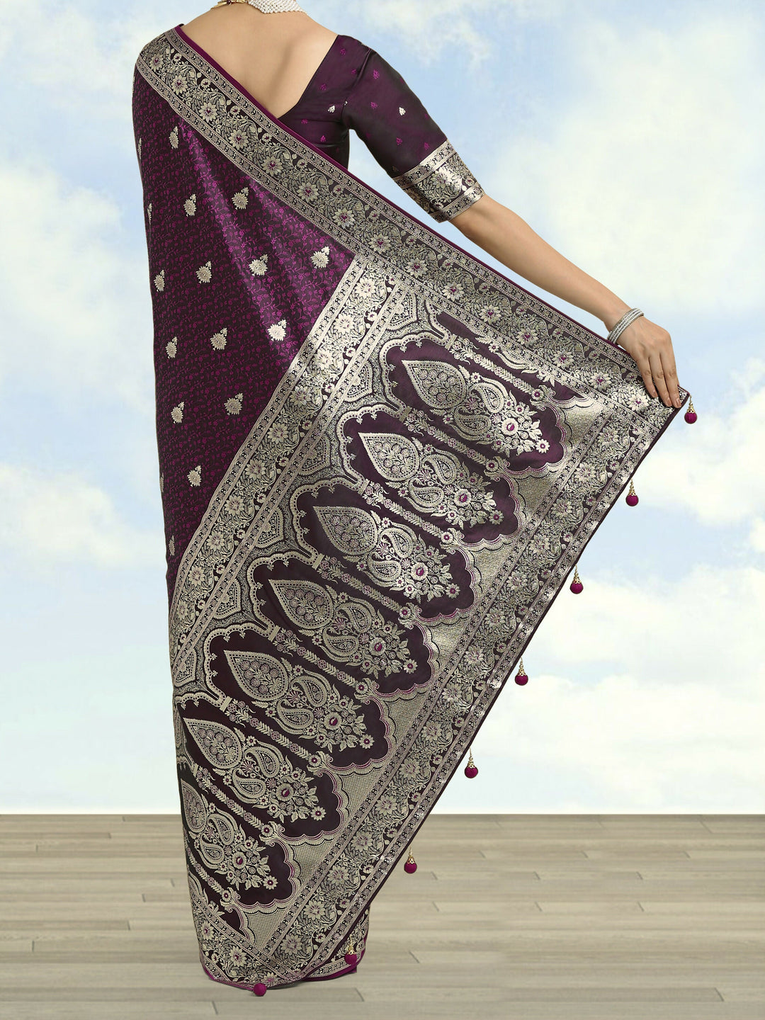 Wine Banarasi Satin Silk Saree | SHOBITAM