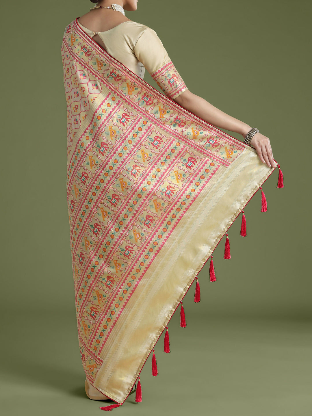 Cream Semi Banarasi Satin Silk Saree With Patola Work | SHOBITAM