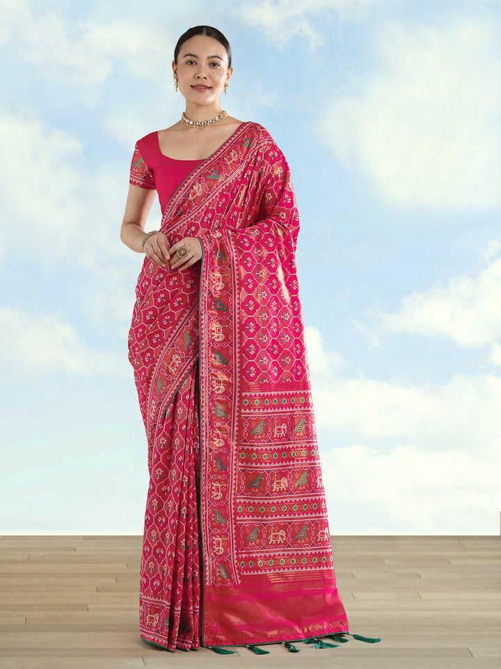 Rani Pink Semi Banarasi Satin Silk Saree With Patola Work | SHOBITAM