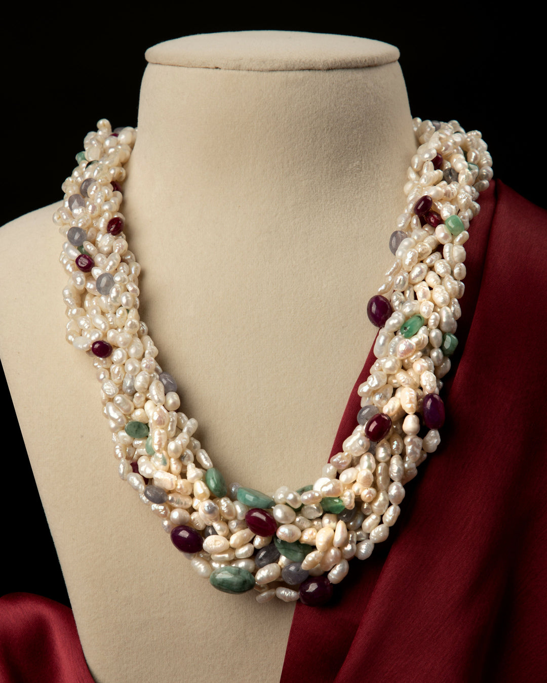 Triveni Ratna Pearl Mala- Ruby, Emerald and Tanzanite with Braided Pearls | SHOBITAM