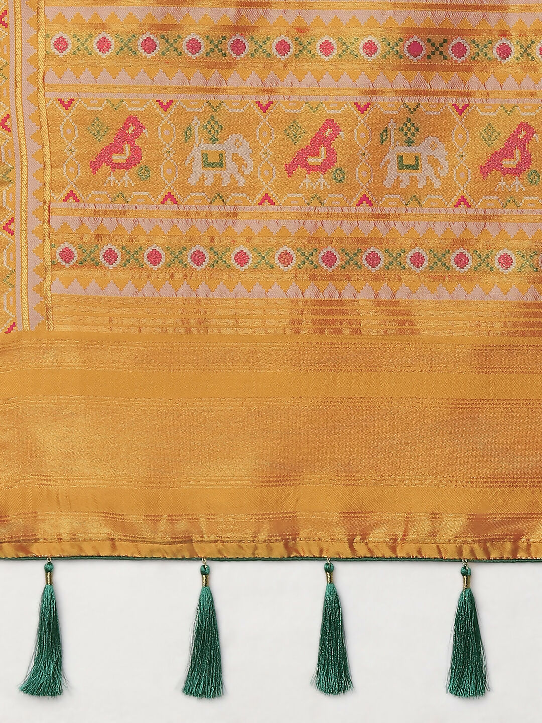 Mustard Semi Banarasi Satin Silk Saree With Patola Work | SHOBITAM
