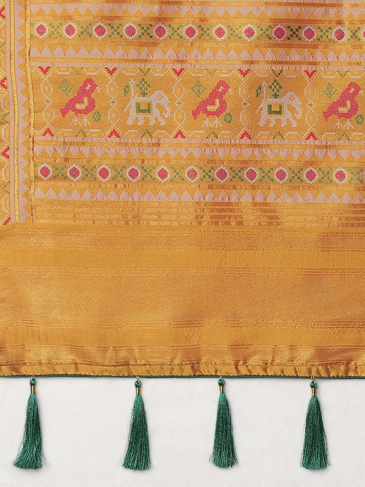 Mustard Semi Banarasi Satin Silk Saree With Patola Work | SHOBITAM