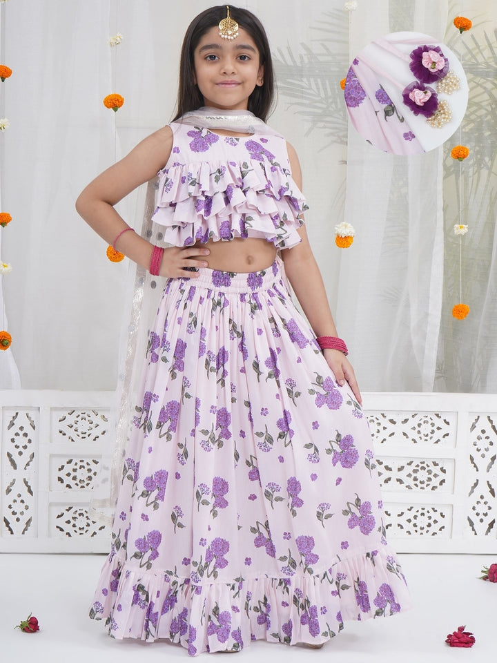 Girls Lavender Bloom Festive Crop Top Lehenga Set | SHOBITAM