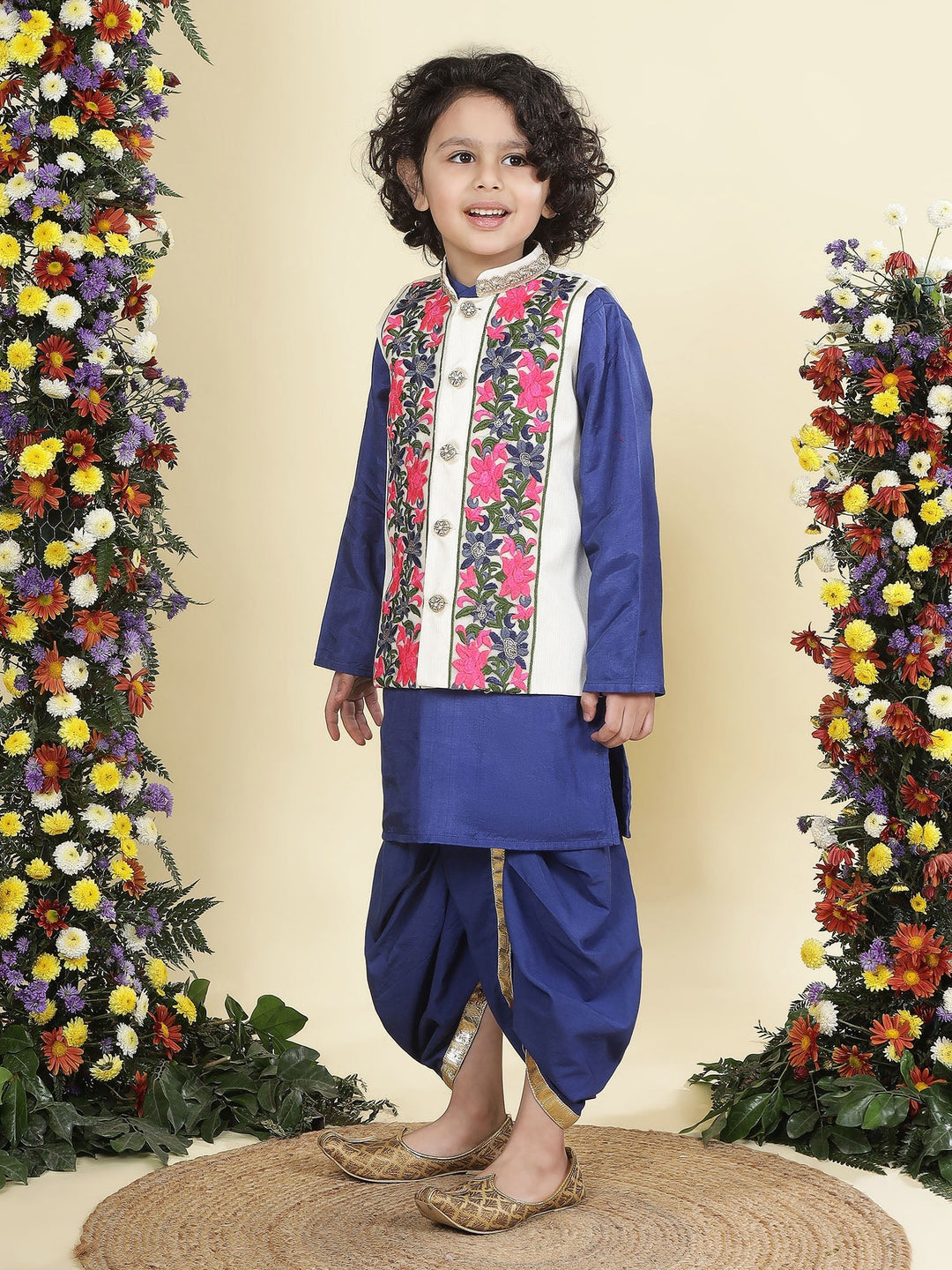 Floral Embroidery Mulberry Nehru Jacket with Blue Cotton Kurta Dhoti Set | SHOBITAM
