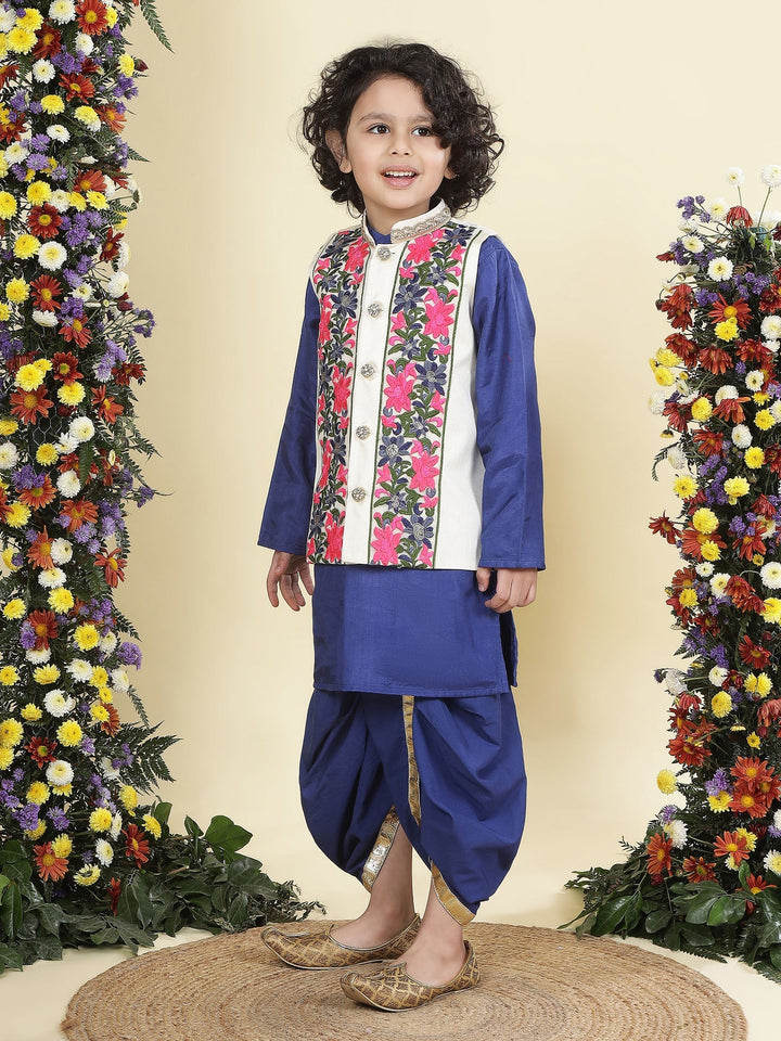 Floral Embroidery Mulberry Nehru Jacket with Blue Cotton Kurta Dhoti Set | SHOBITAM