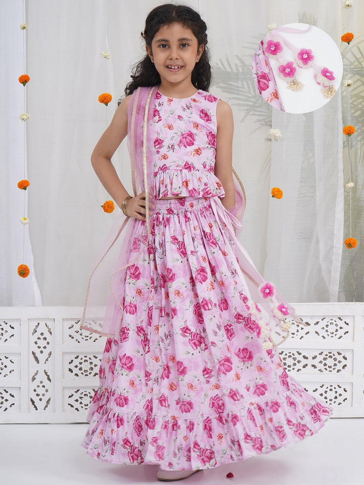 Girls Blush Pink Rose Peplum Lehenga Choli | SHOBITAM