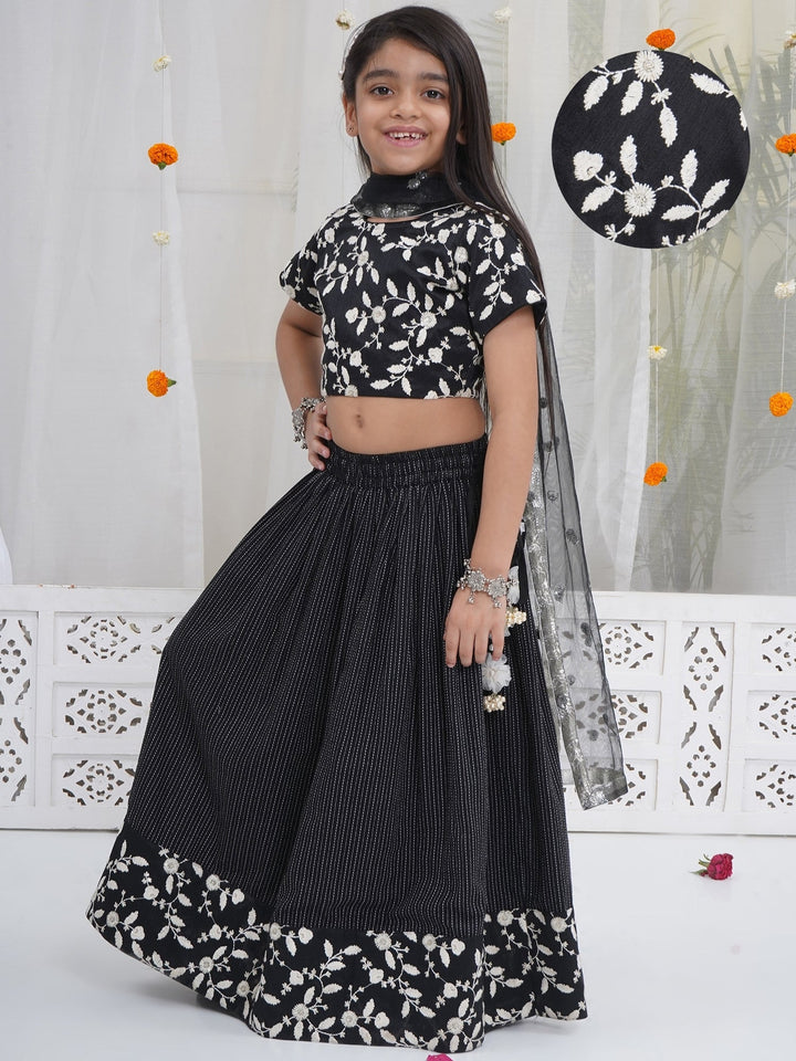 Girls Black Lehenga Blouse set with White Floral Thread work | SHOBITAM