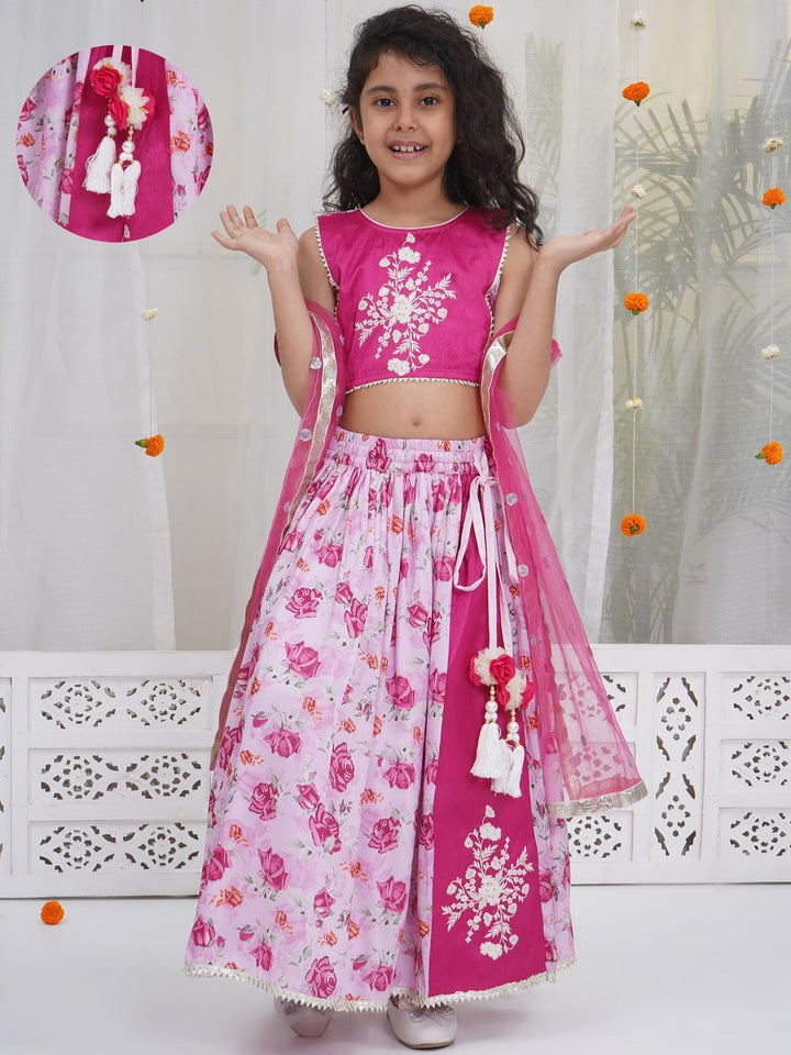 Girls Magenta Rose Bloom Embroidered Lehenga Choli Set | SHOBITAM