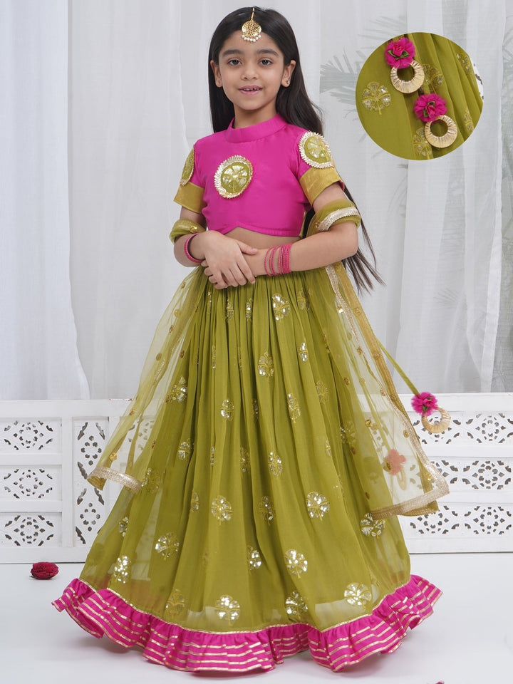 Girls Jodhpuri Rani Mehendi Green Lehenga Set | SHOBITAM