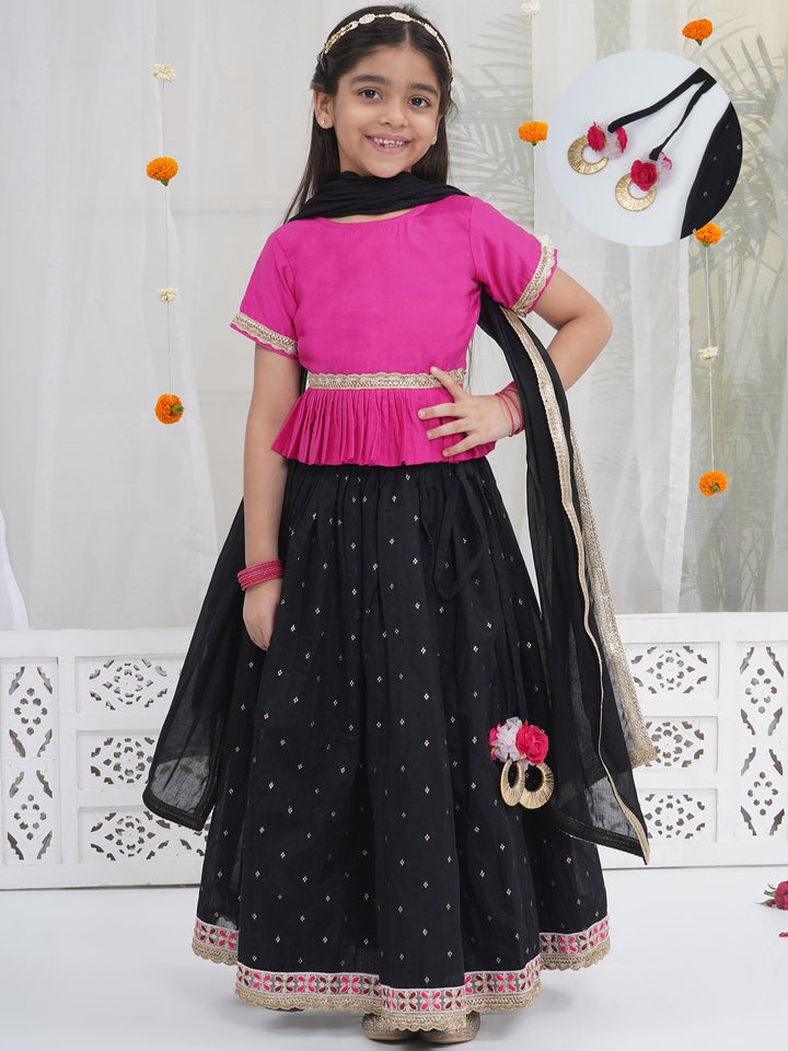 Girls Black Pink Kids Lehenga Set with Rose Tussels | SHOBITAM