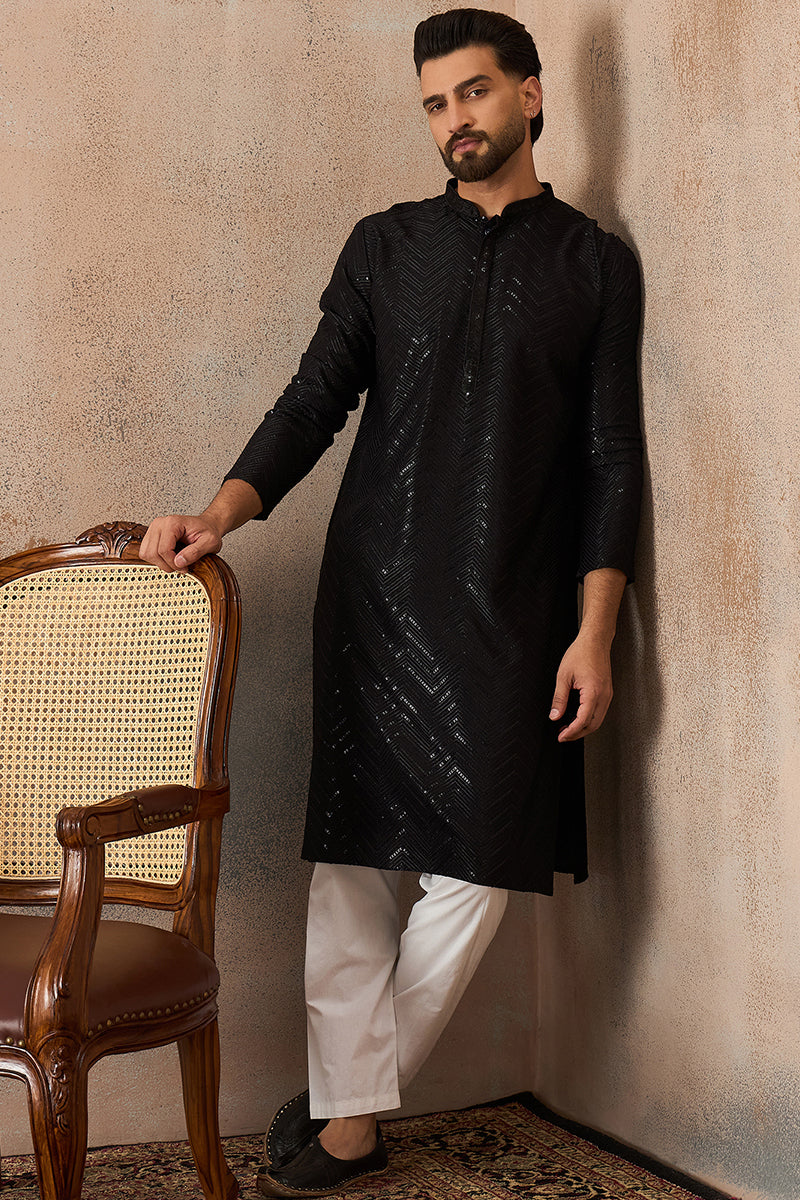 Black Rayon Embroidered Straight Kurta | SHOBITAM