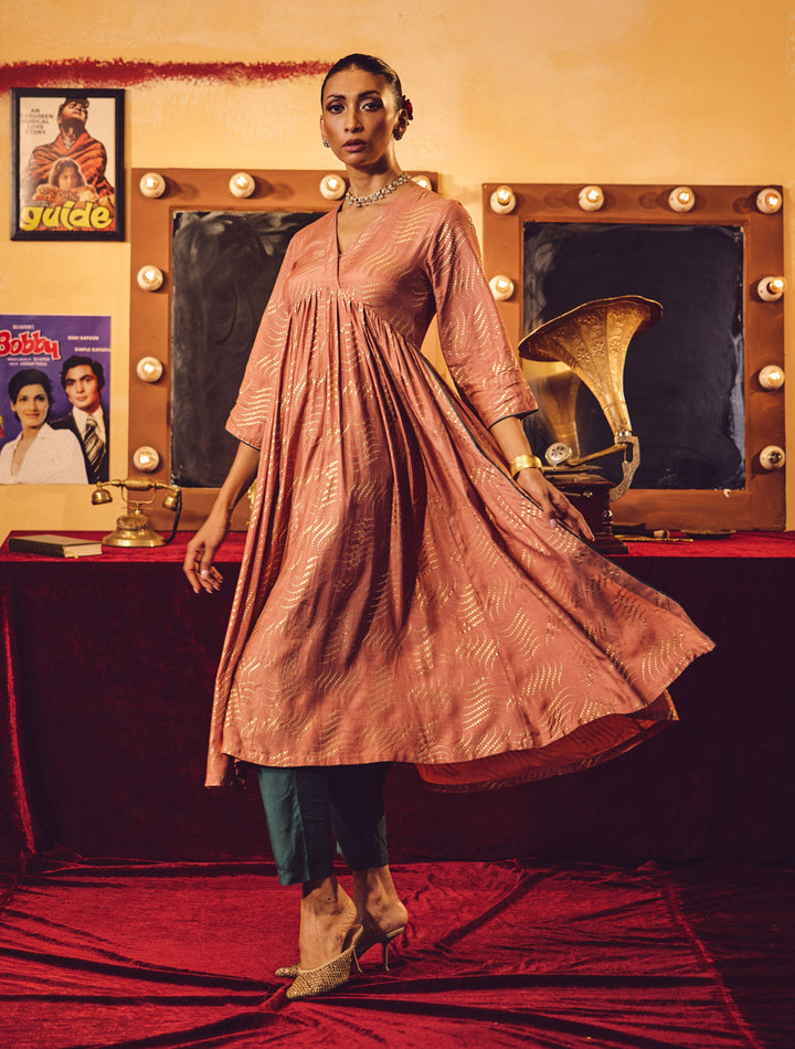 Peach Gold Foil Print Muslin Silk Anarkali High-Slit Kurta Set | SHOBITAM