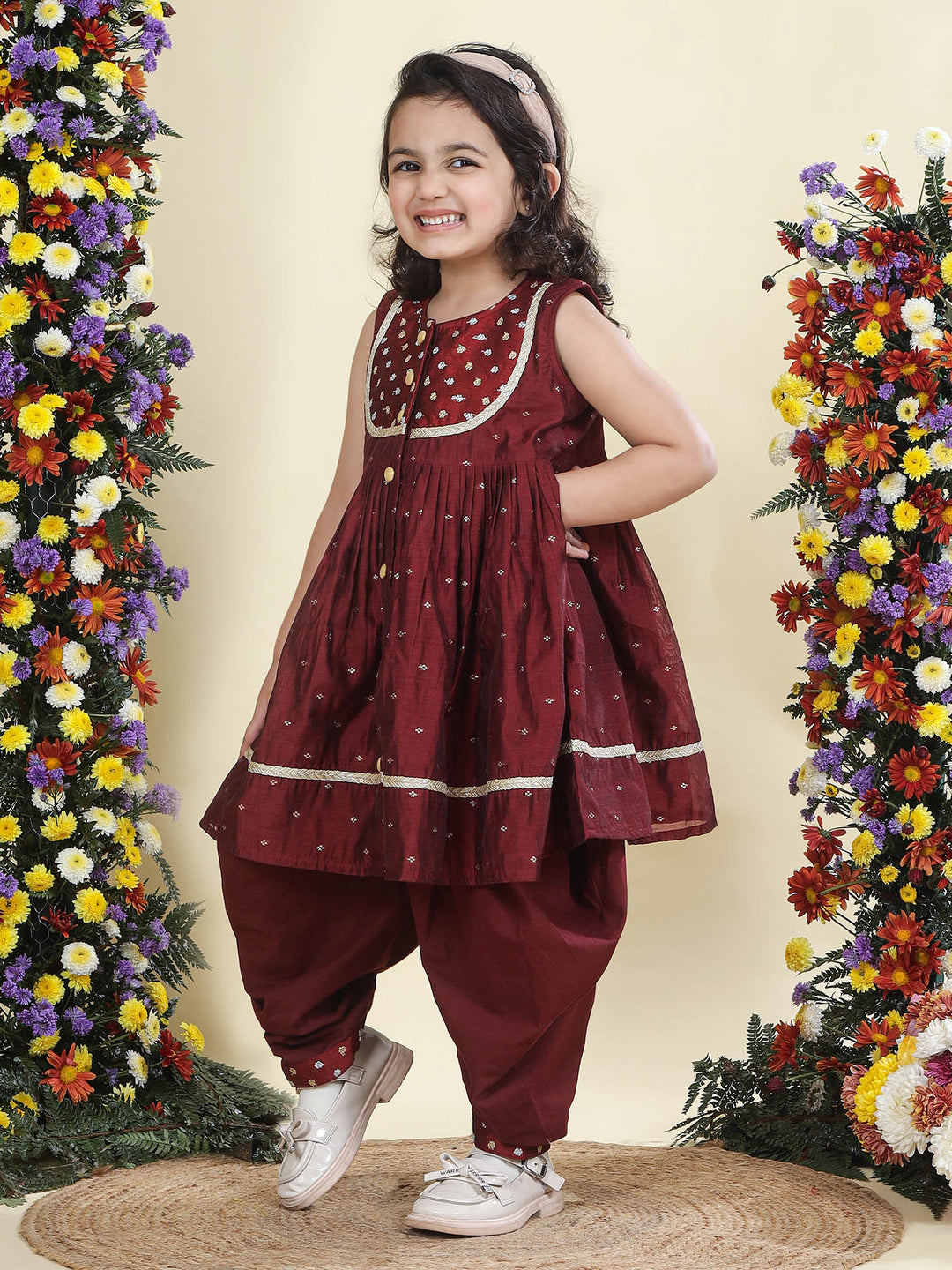 Maroon Chanderi Semi-Silk Embroidered Kurta with Cotton Salwar Set | Shobitam