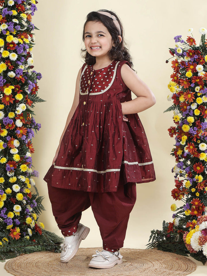 Maroon Chanderi Semi-Silk Embroidered Kurta with Cotton Salwar Set | Shobitam