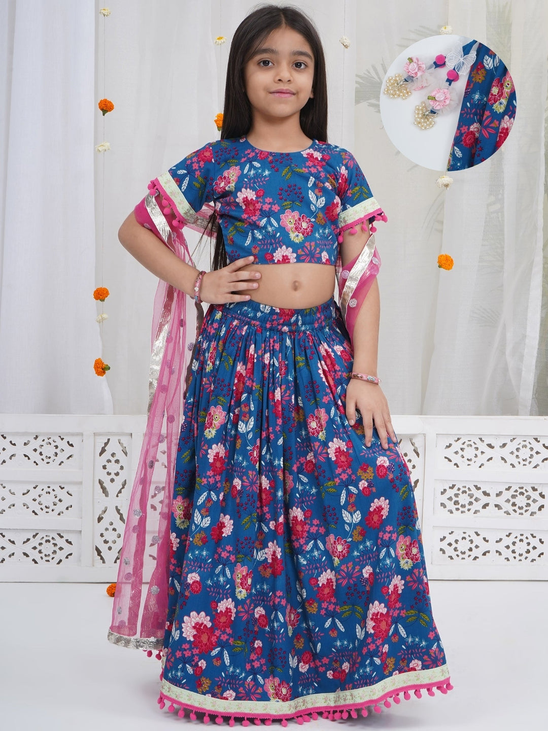 Girls Royal Blue Cotton Phoolon ki Bahar Lehenga Set | SHOBITAM