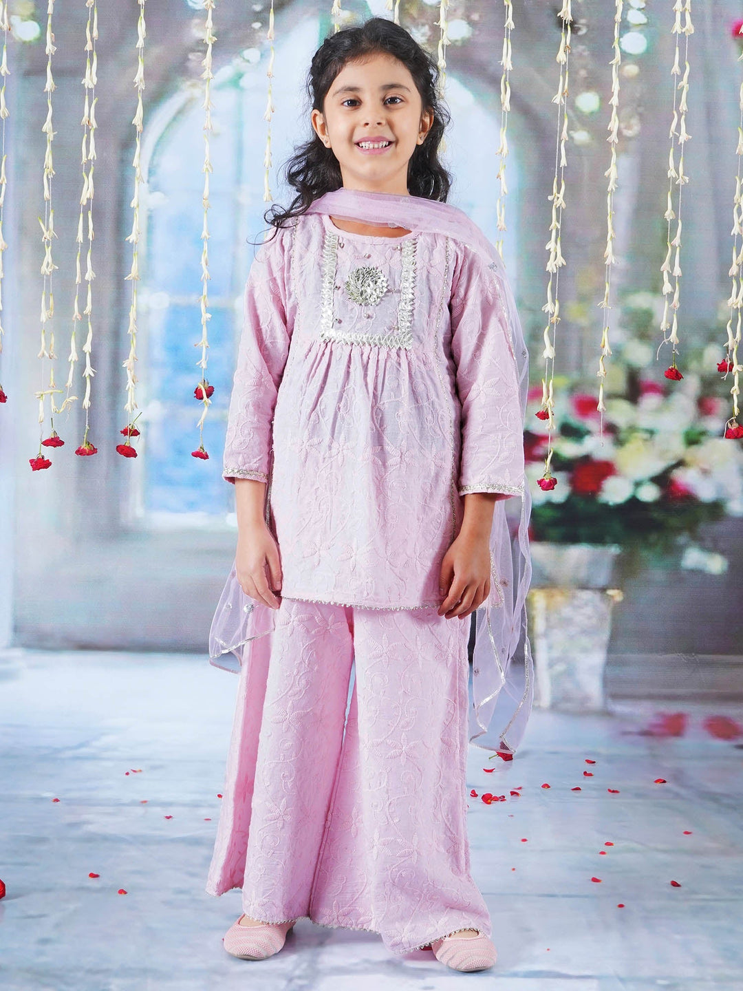 Diyara Floral Emboridery Kurta Plazzo Set - Pink | SHOBITAM