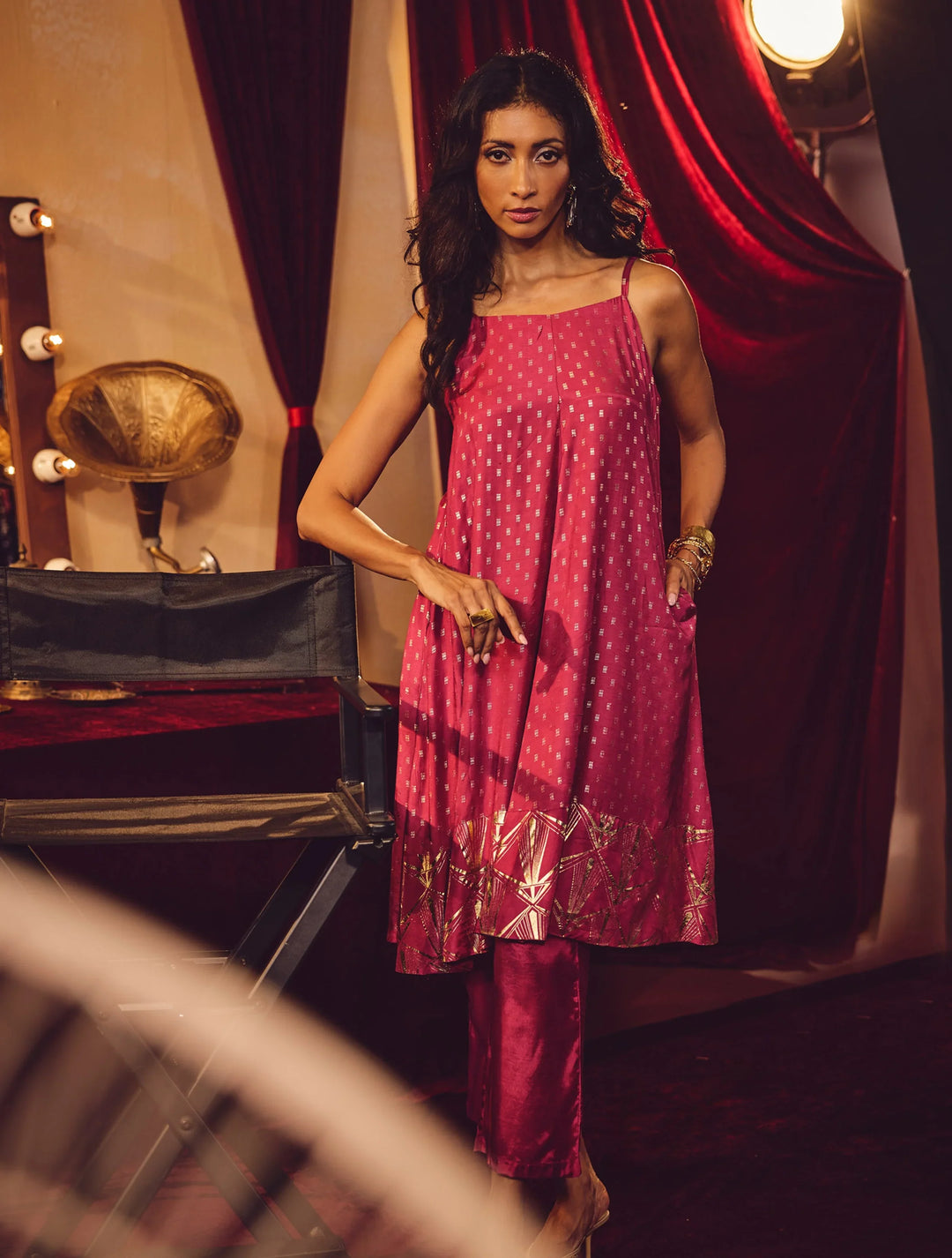 Pink Gold Foil Print Muslin Silk Flared Kurta Set| SHOBITAM