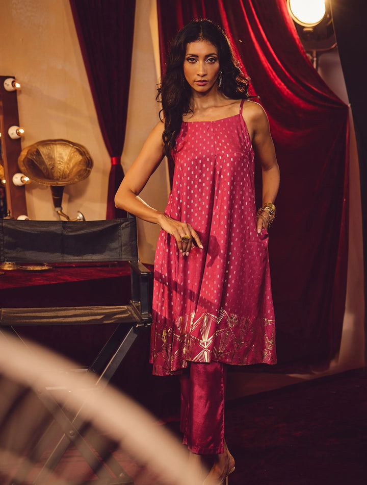 Pink Gold Foil Print Muslin Silk Flared Kurta Set| SHOBITAM
