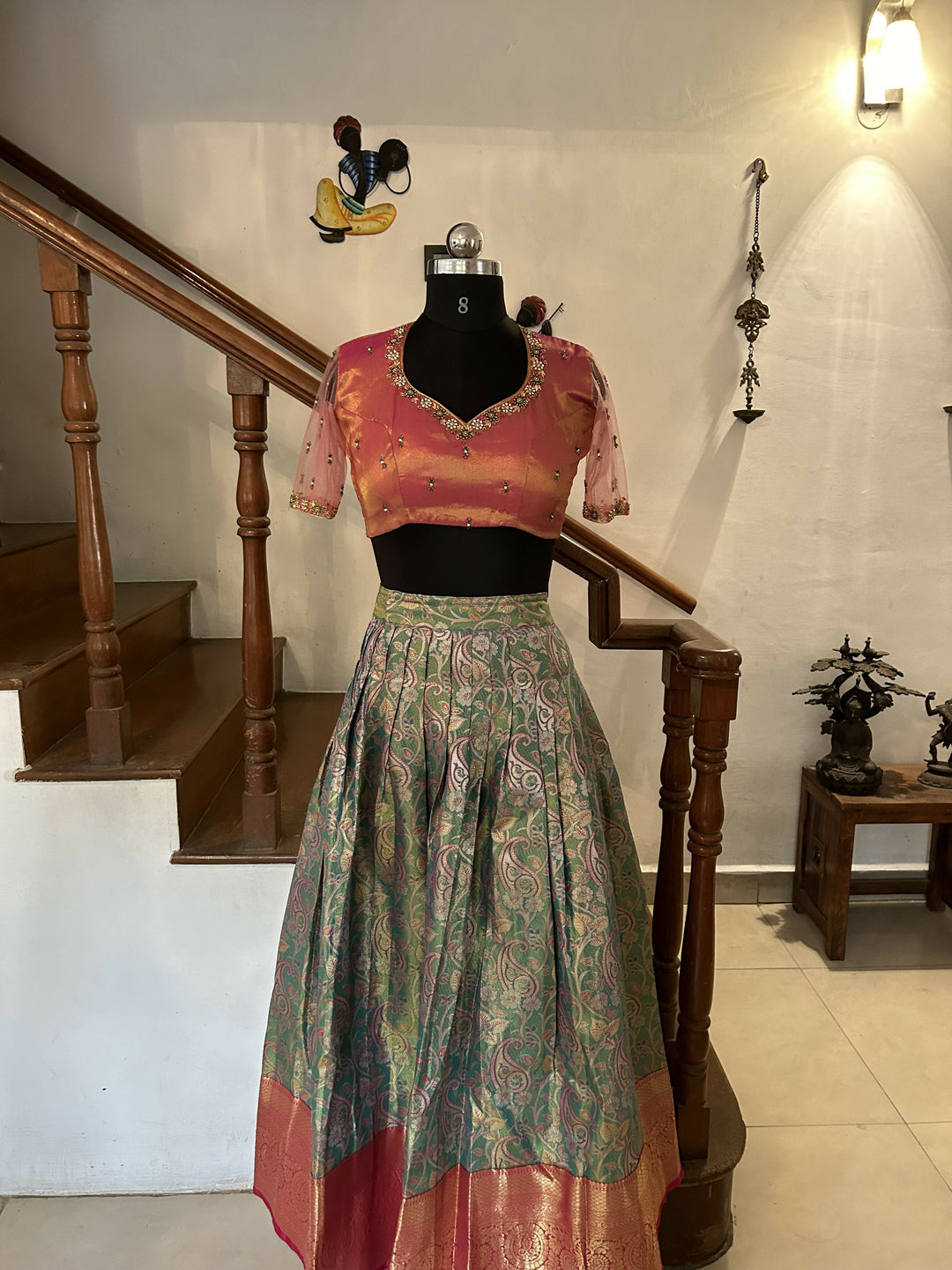 Yuvathi Green Tissue Semi Kanchivaram half saree /lehenga Set