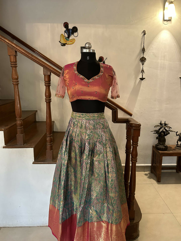 Yuvathi Green Tissue Semi Kanchivaram half saree /lehenga Set