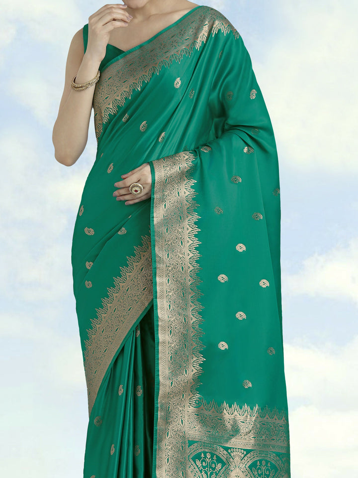 Turquoise Banarasi Satin Silk Saree With Blouse Piece | SHOBITAM