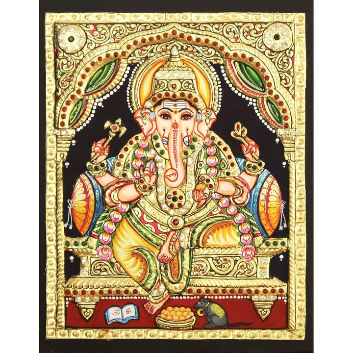 10x8" Tanjore Painting yellow Dhoti Ganesha Authentic With 22 Ct gold Foil and Jaipur Gemstones ,Unframed | SHOBITAM