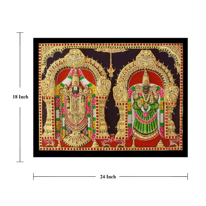 18 x 24" 3D Embossed Balaji Padmavati Authentic Tanjore Handpainting with Jaipur Gemstones | SHOBITAM