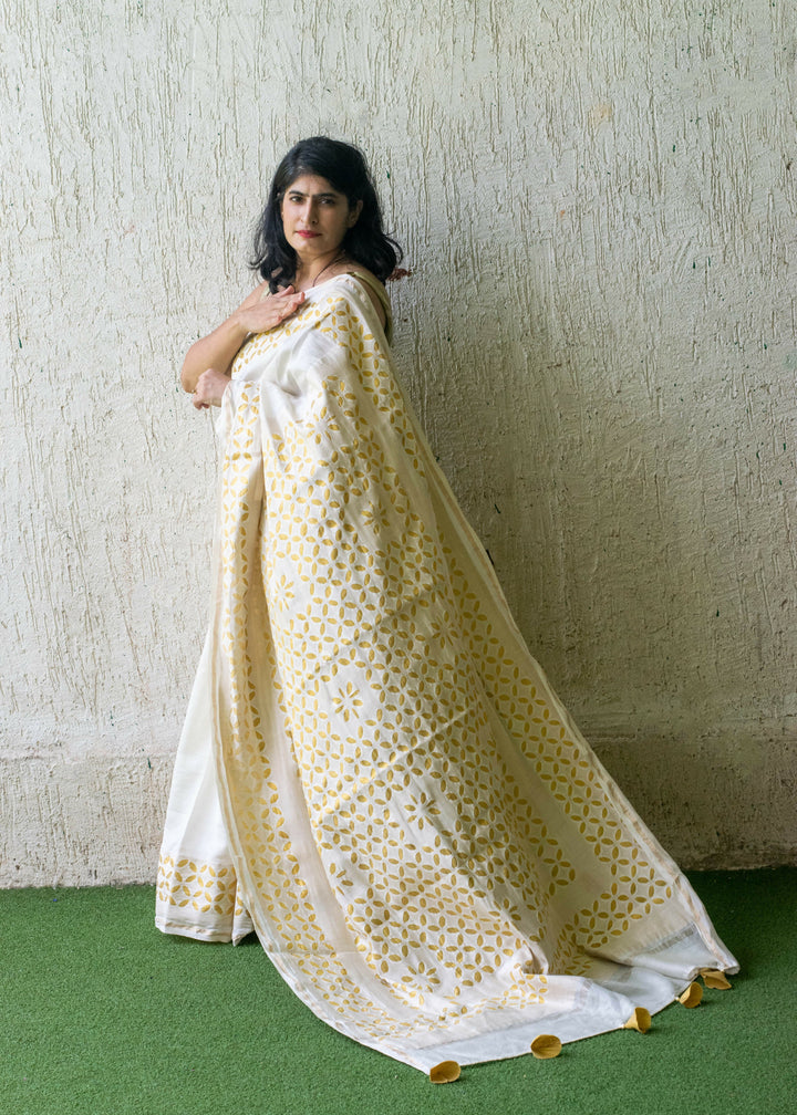 Moonlight Applique work Chanderi Silk Cotton Saree | Shobitam