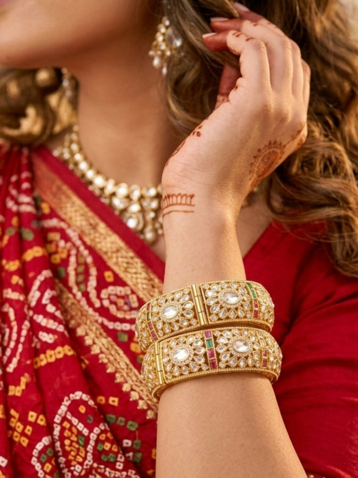 Gold Plated Bridal Floral Moissanite Bangles | SHOBITAM