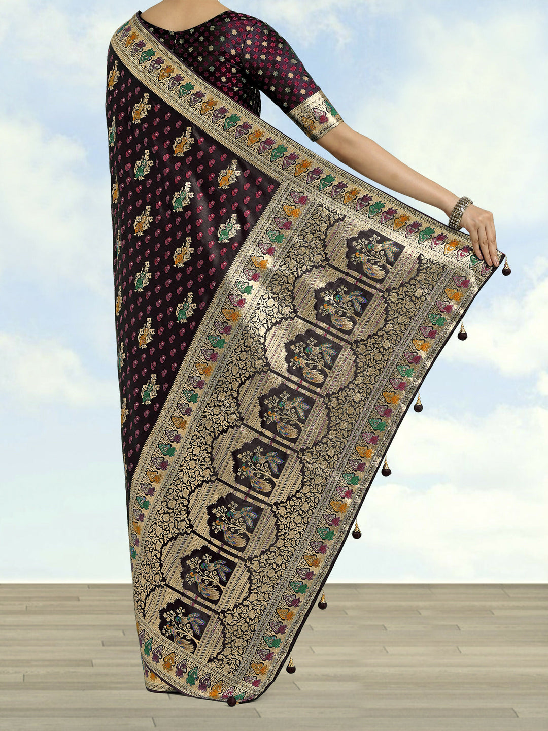 Maroon With Gold Bordar Banarasi Satin Zari Woven Saree | SHOBITAM