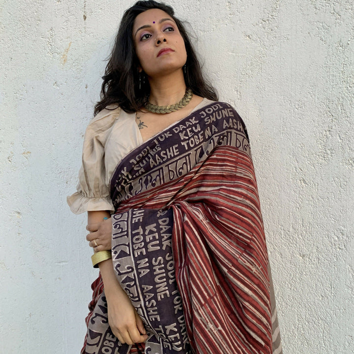 Shayra Dabu Block printed Ekla cholo Saree | SHOBITAM