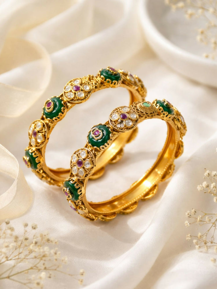 2.4' Antique Gold Plated Kundan Kada Bangles | SHOBITAM
