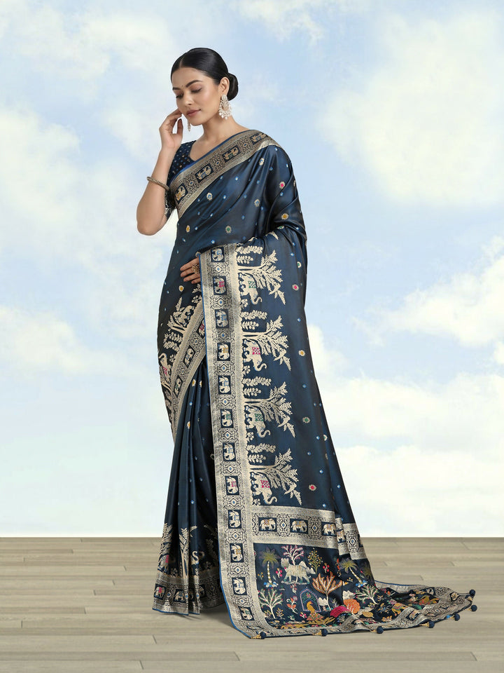 Dark Teal Woven Banarasi Satin Silk Saree | SHOBITAM