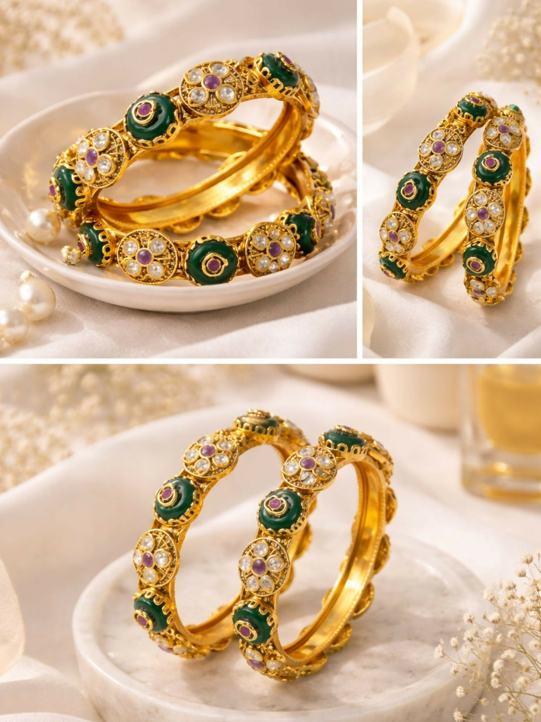 2.4' Antique Gold Plated Kundan Kada Bangles | SHOBITAM