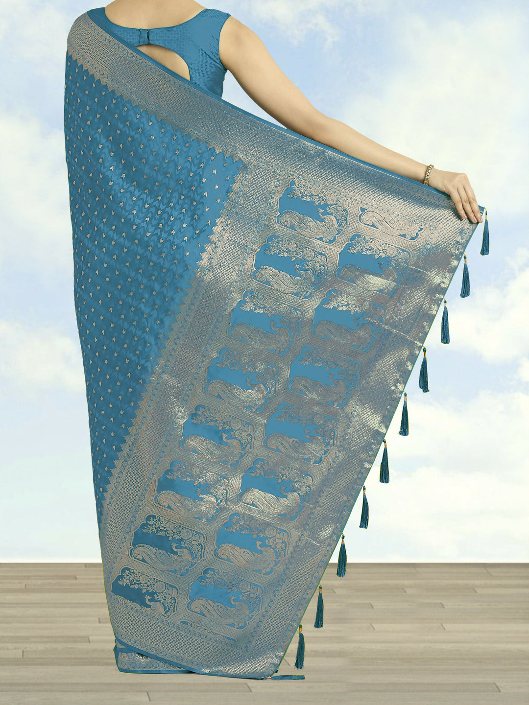 Cyan blue Woven Banarasi Satin Silk Saree | SHOBITAM