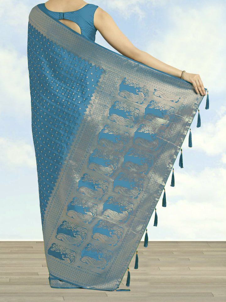 Cyan blue Woven Banarasi Satin Silk Saree | SHOBITAM