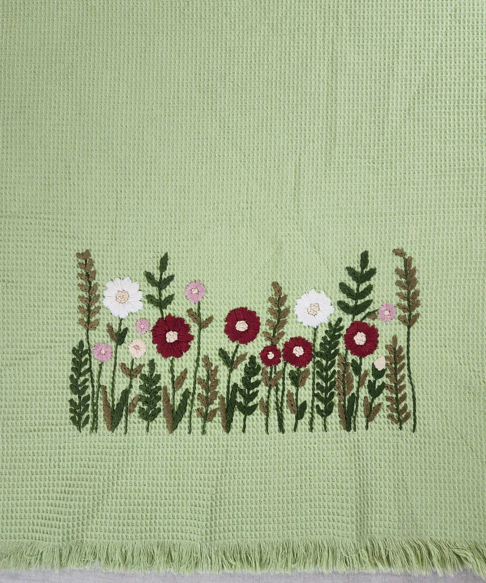 Embroidered 1 Pc Bath and 2 Pcs Hand Towel Set | Cotton Waffle Fabric | Sage Green | SHOBITAM