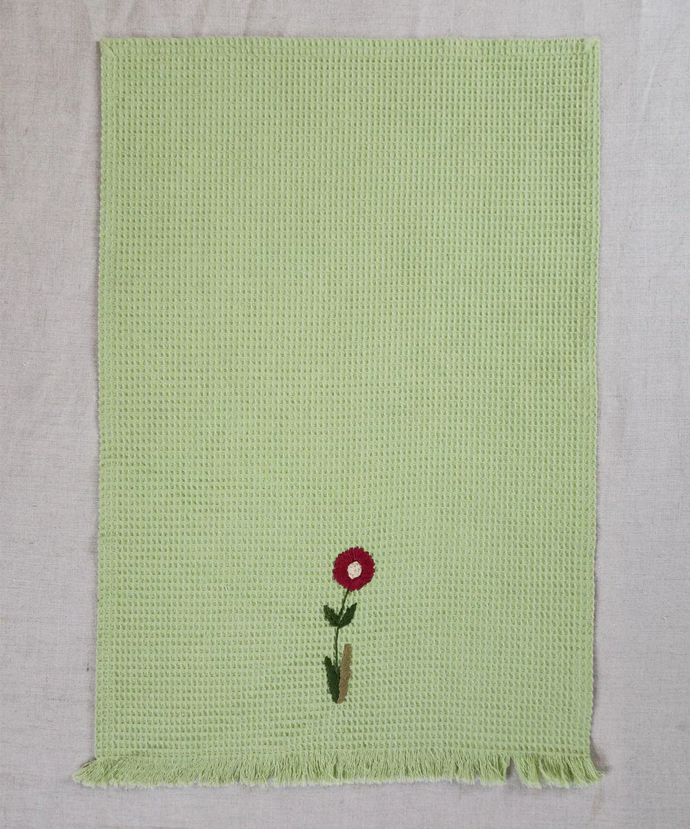 Embroidered 4 pcs Face and 2 pcs Hand Towel Set | Cotton Waffle | Sage Green | SHOBITAM