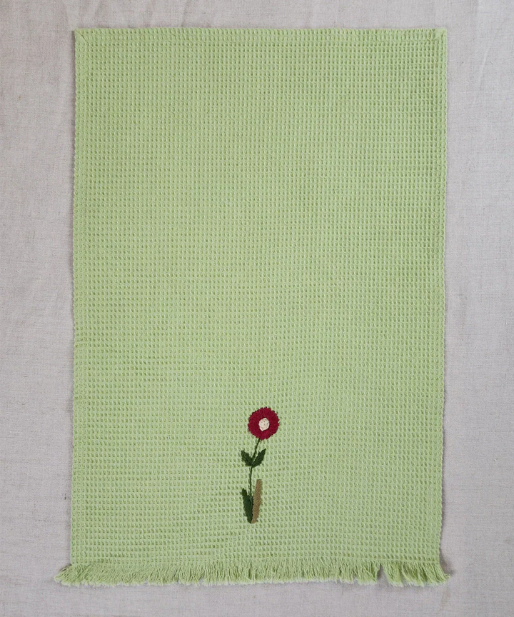 Embroidered 4 pcs Face and 2 pcs Hand Towel Set | Cotton Waffle | Sage Green | SHOBITAM