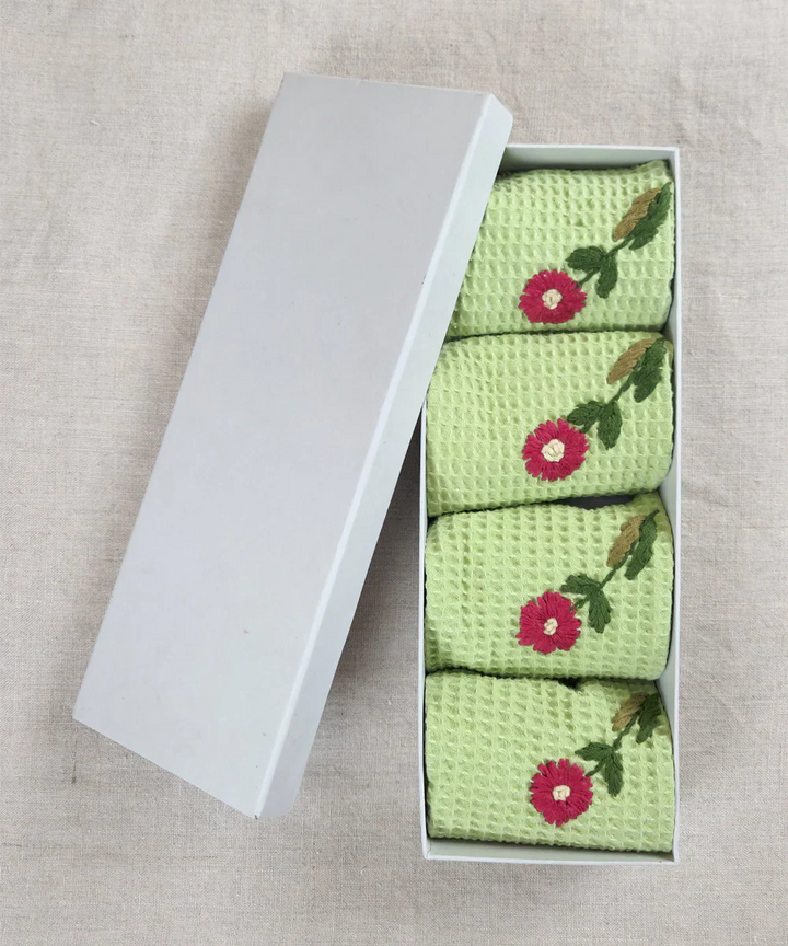 Embroidered Face Towel - Set of 4 pcs in Soft Cotton Waffle | Sage Green