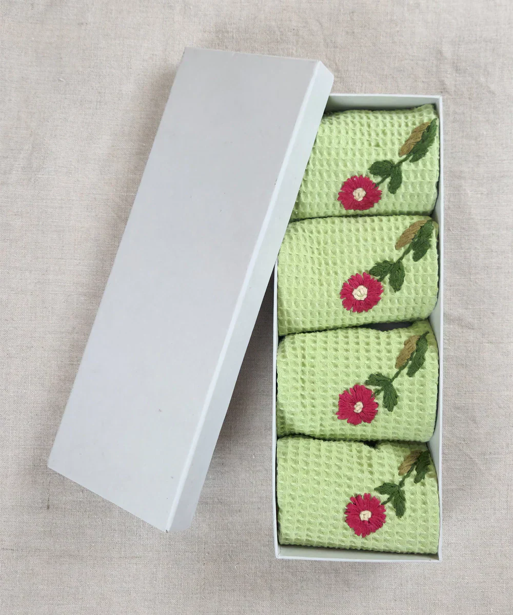 Embroidered 4 pcs Face and 2 pcs Hand Towel Set | Cotton Waffle | Sage Green | SHOBITAM