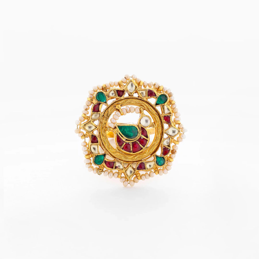 Pure 92.5 Silver, Gold Plated Peachick Kundan Ring