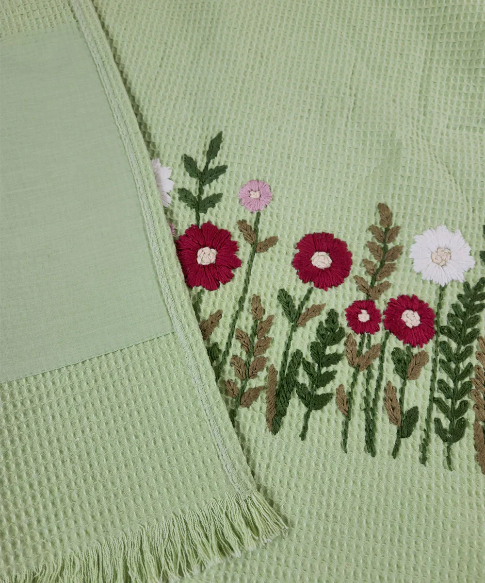 Embroidered 1 Pc Bath and 2 Pcs Hand Towel Set | Cotton Waffle Fabric | Sage Green | SHOBITAM