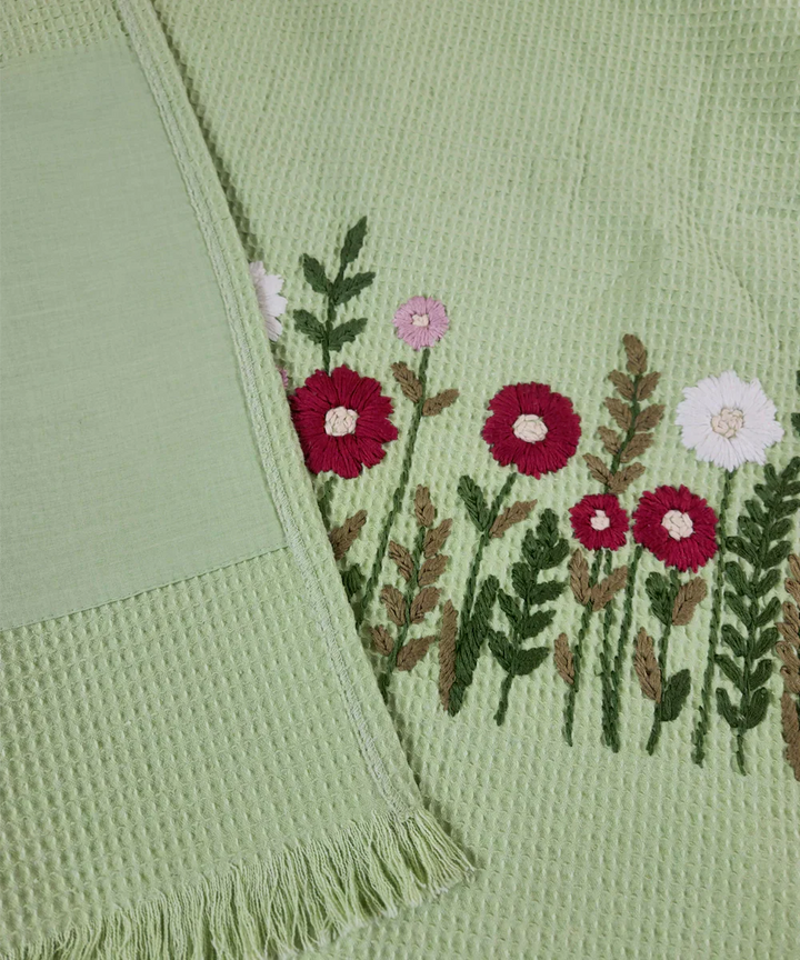 Embroidered 1 Pc Bath and 2 Pcs Hand Towel Set | Cotton Waffle Fabric | Sage Green | SHOBITAM
